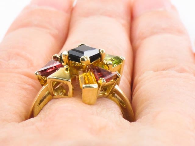 Vintage 18k Gold Multi-Gemstone Cluster Ring: Italian Tourmaline Citrine Peridot, Size 7
