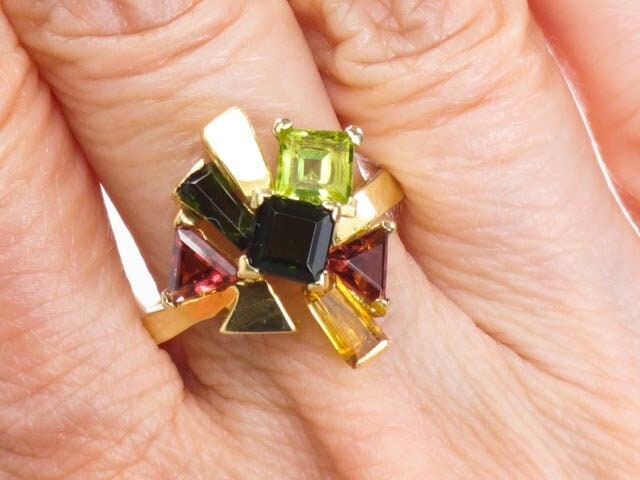 Vintage 18k Gold Multi-Gemstone Cluster Ring: Italian Tourmaline Citrine Peridot, Size 7