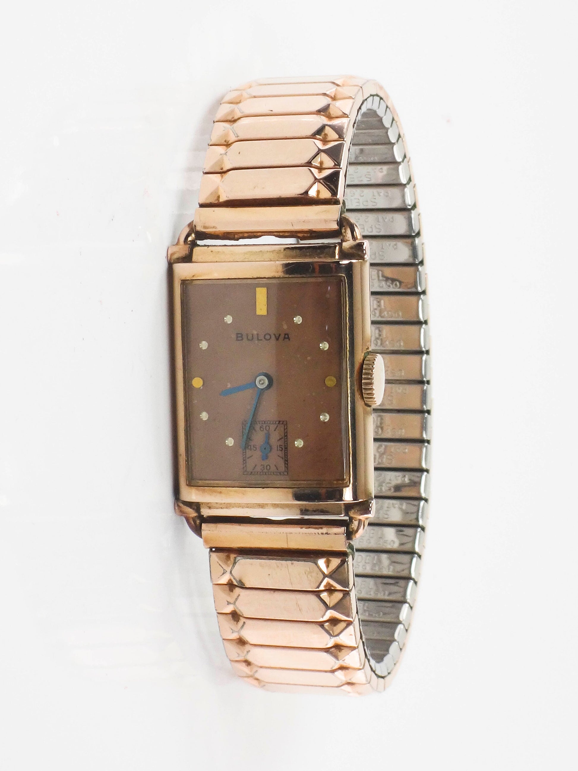 Vintage Bulova 14k Gold Filled Watch Retro Rose Gold Tank Mechanical Winding Watch with Flex Band Unisex Wristwatch
