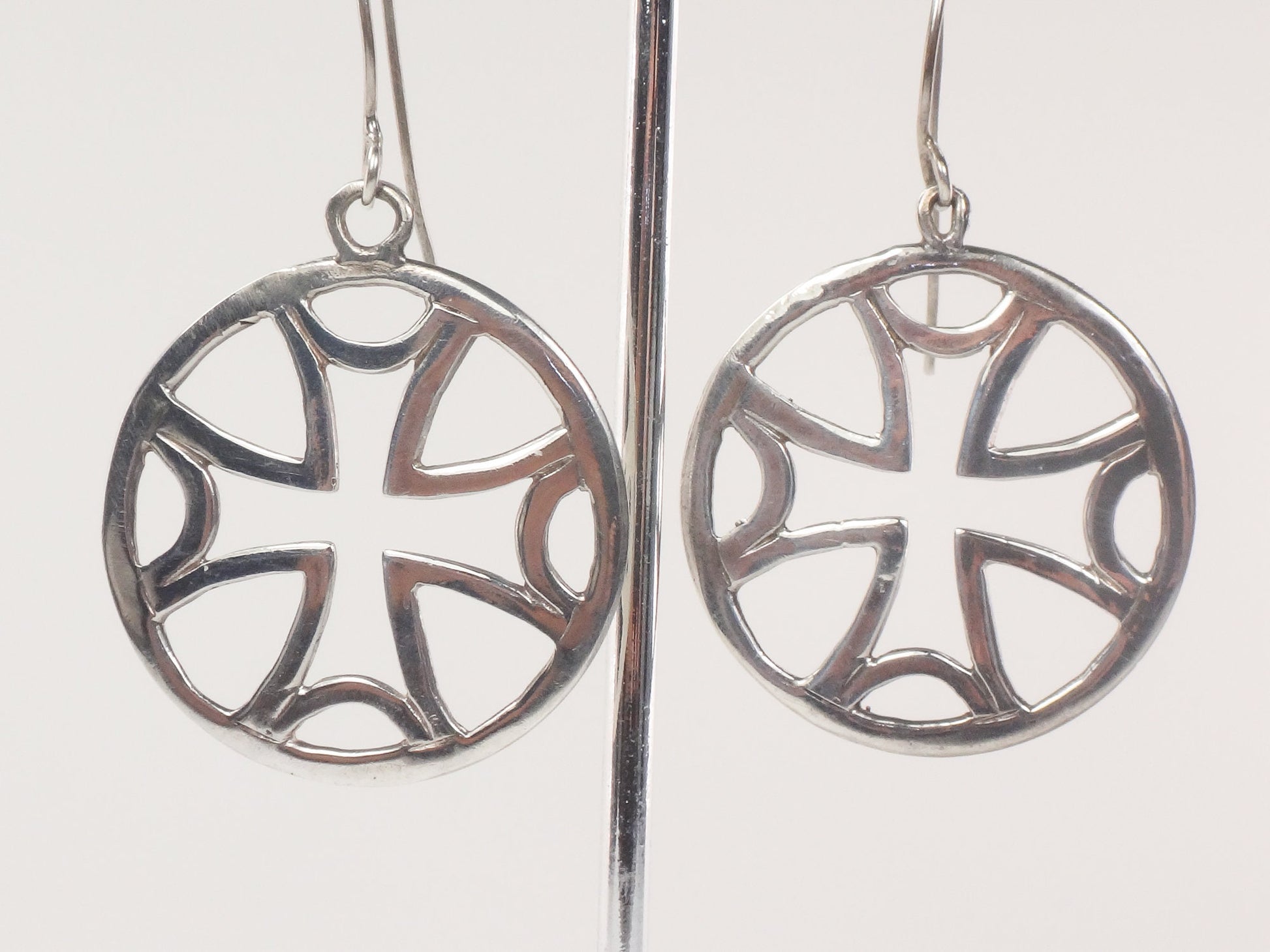 Large Sterling Silver Maltese Cross Earrings with Ear Wires Vintage Round Dangle Earrings