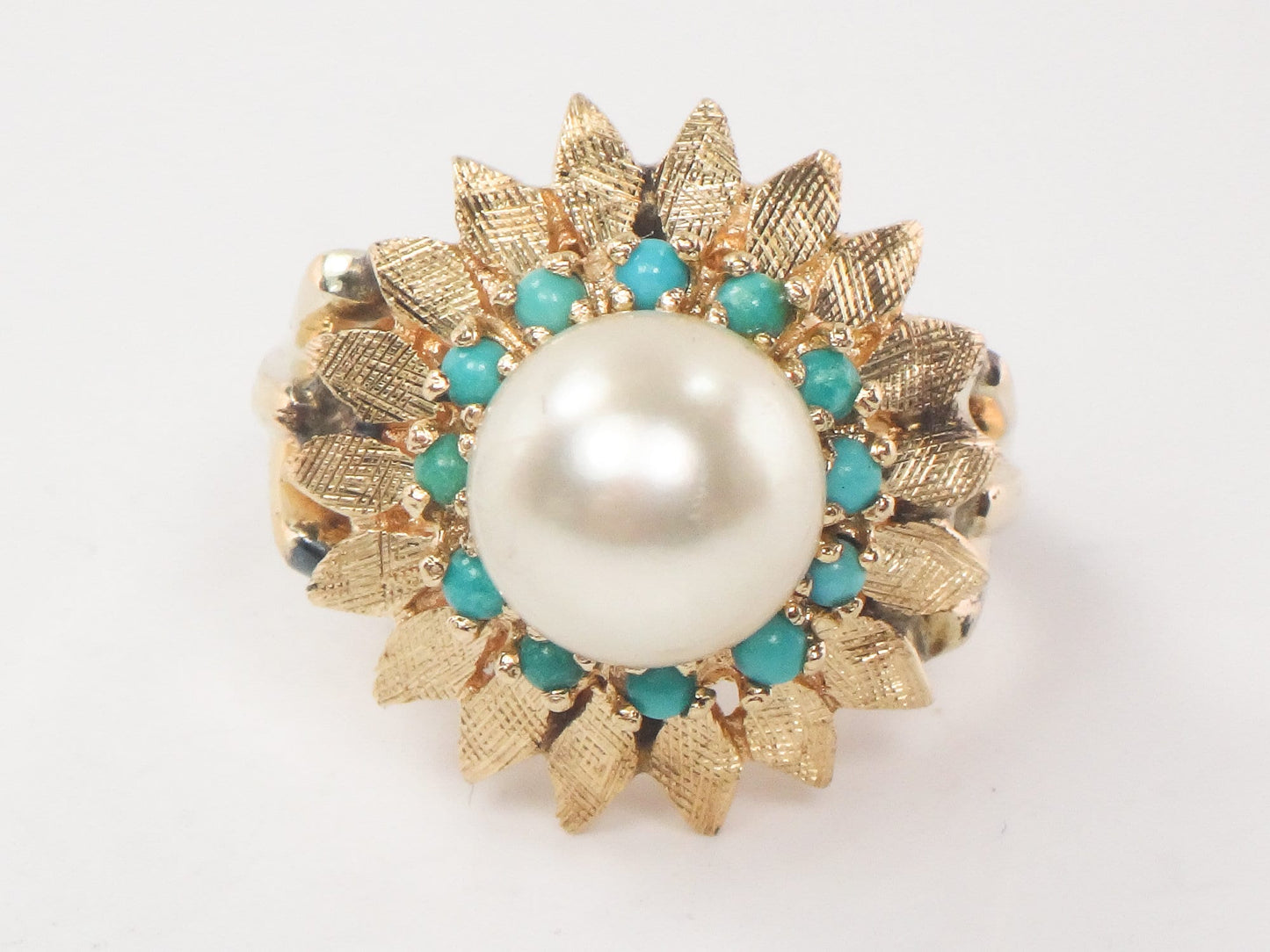 Vintage 14k Yellow Gold Pearl Turquoise Ring: Floral Design