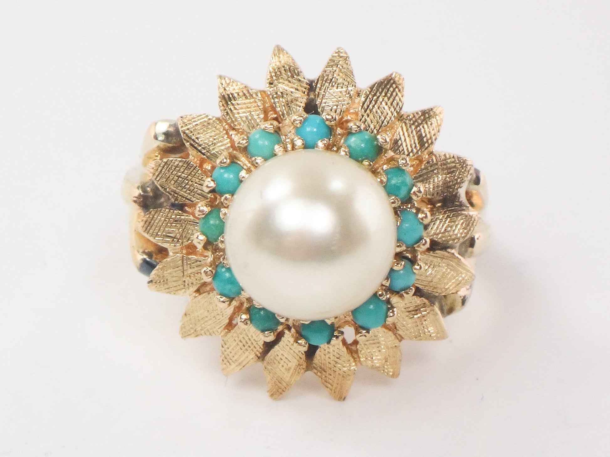 Vintage 14k Yellow Gold Pearl Turquoise Ring: Floral Design