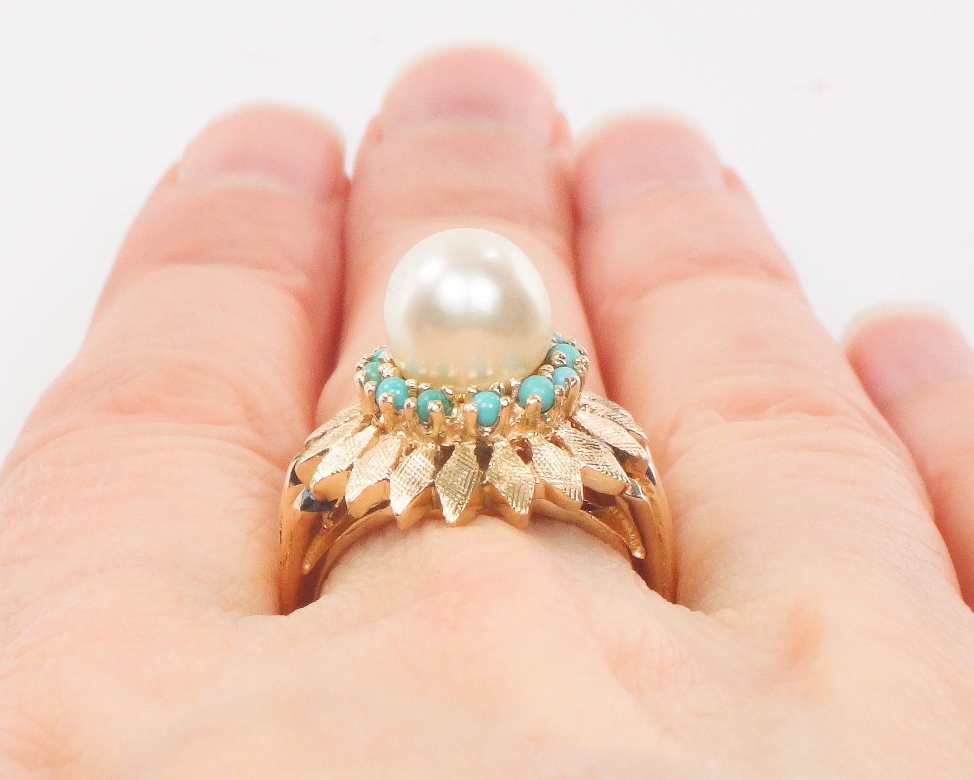 Vintage 14k Yellow Gold Pearl Turquoise Ring: Floral Design