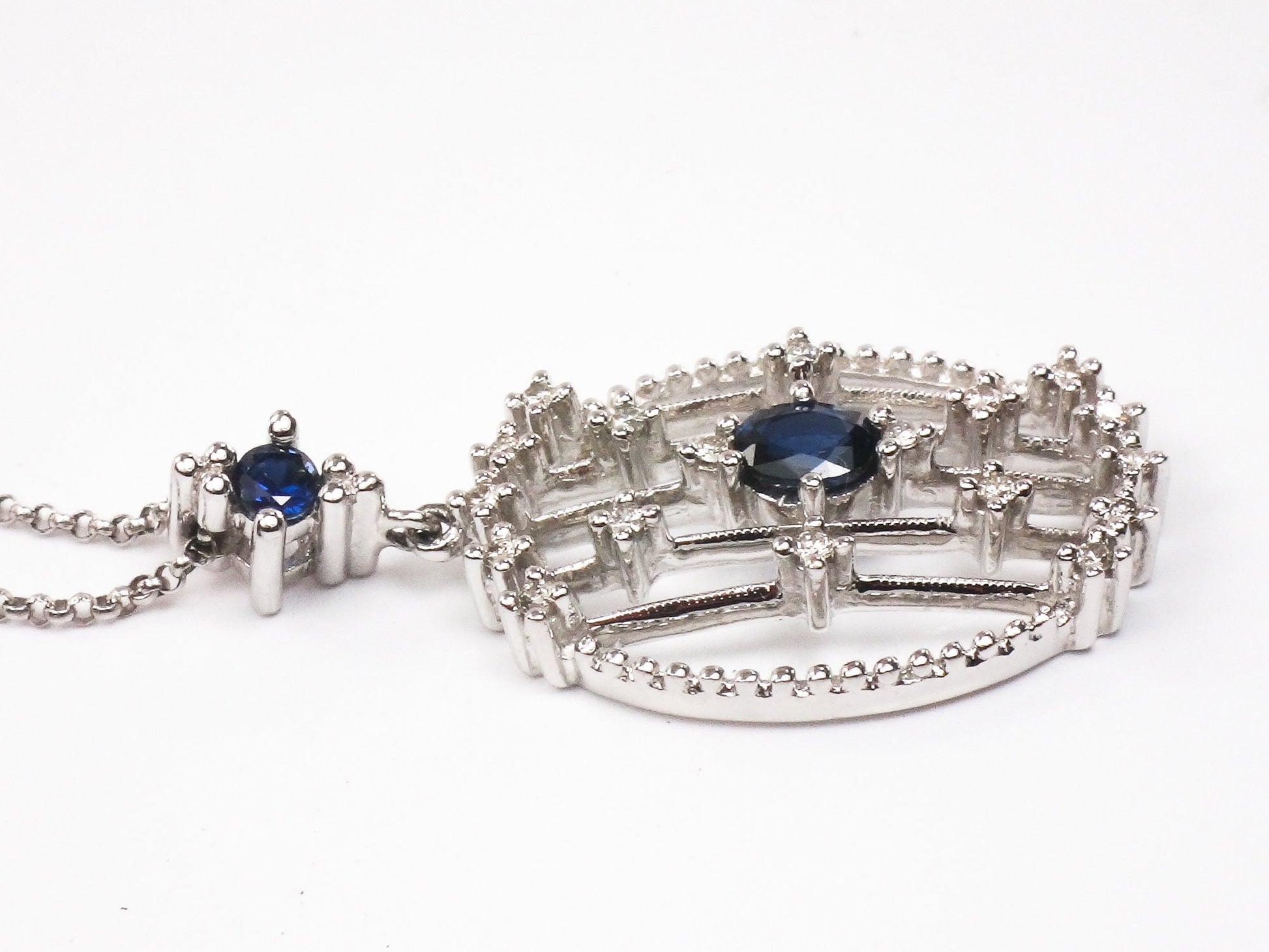 Vintage 14k White Gold Natural Sapphire and Diamond Necklace 16"