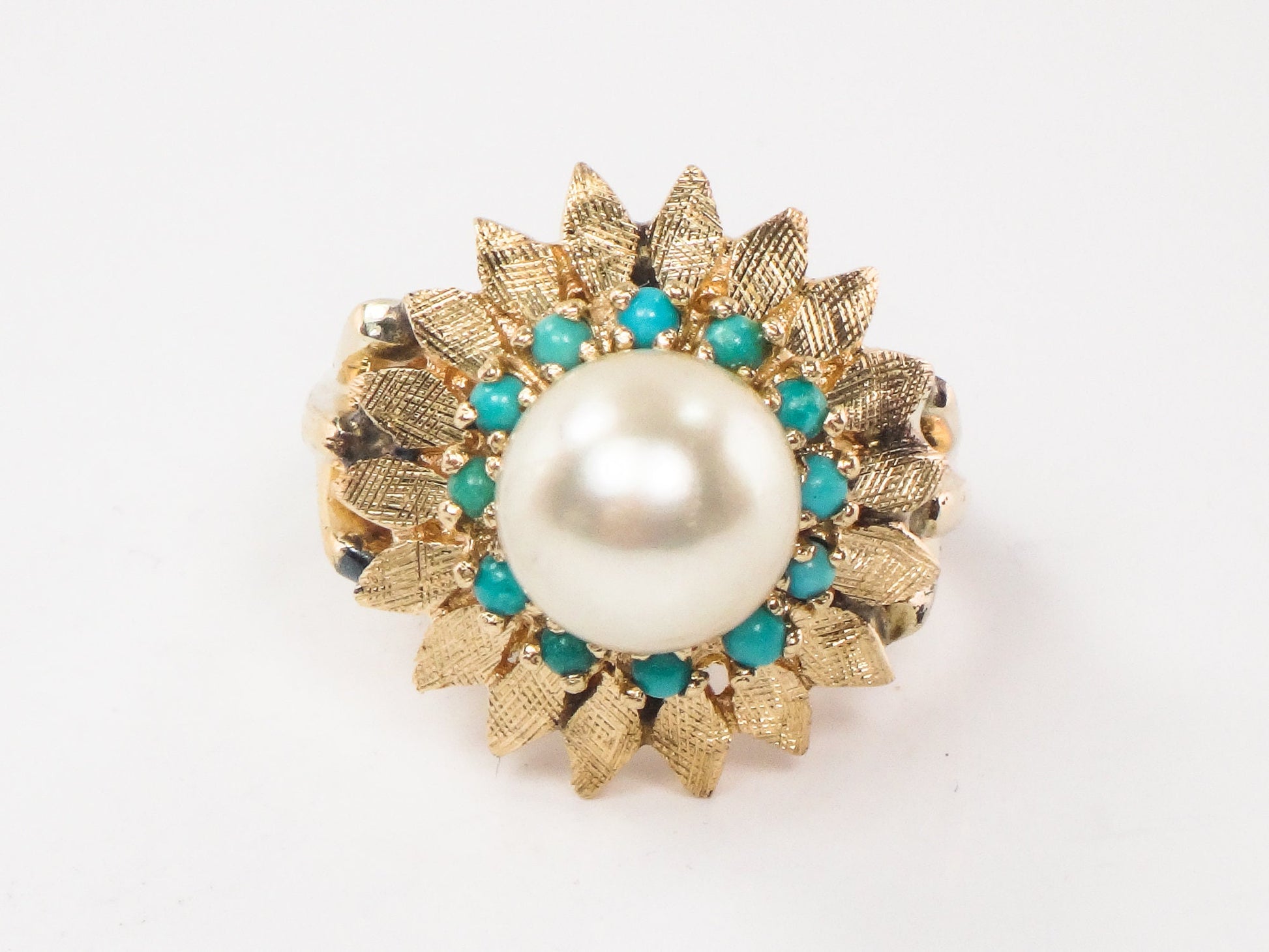 Vintage 14k Yellow Gold Pearl Turquoise Ring: Floral Design