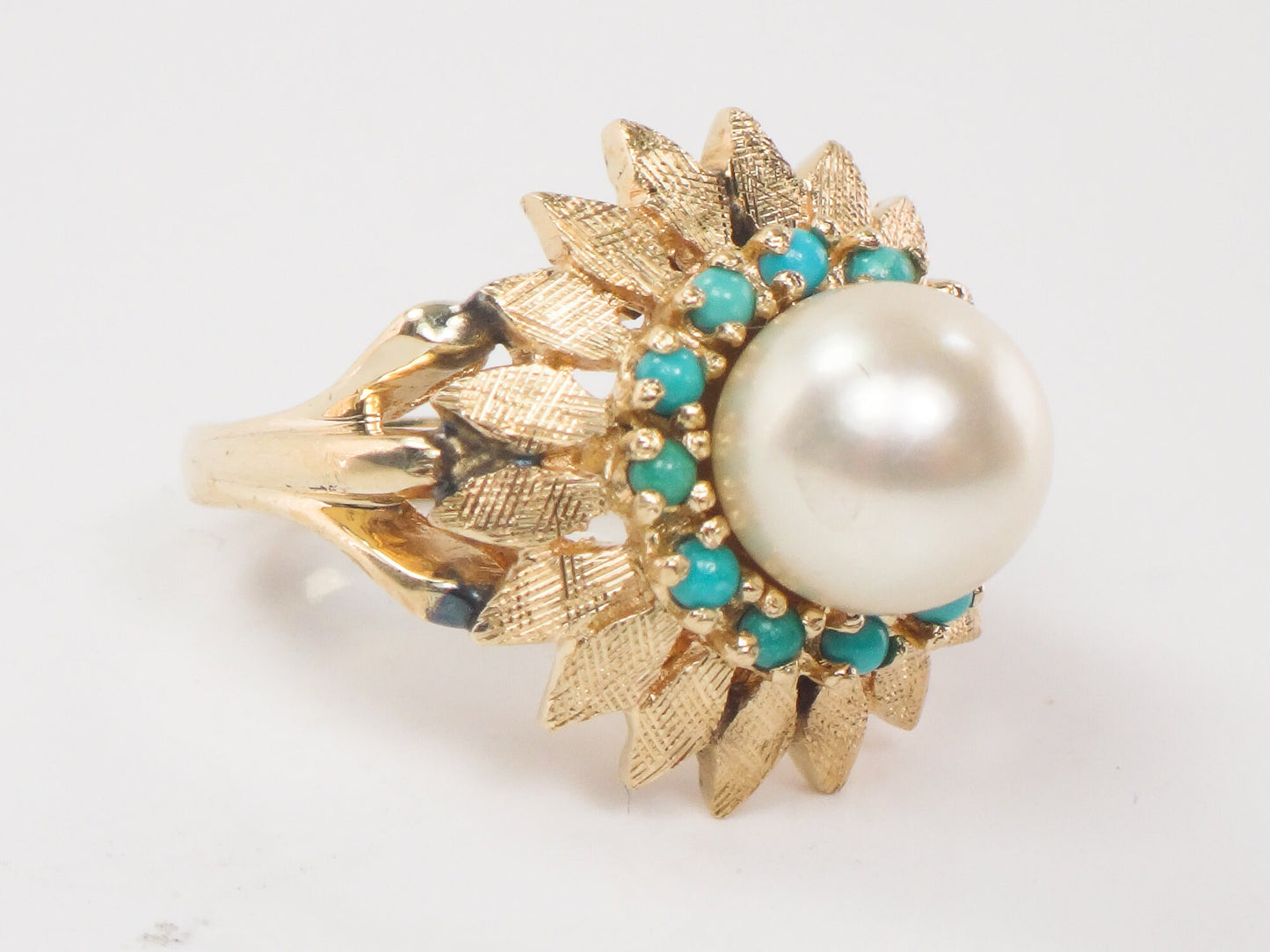 Vintage 14k Yellow Gold Pearl Turquoise Ring: Floral Design