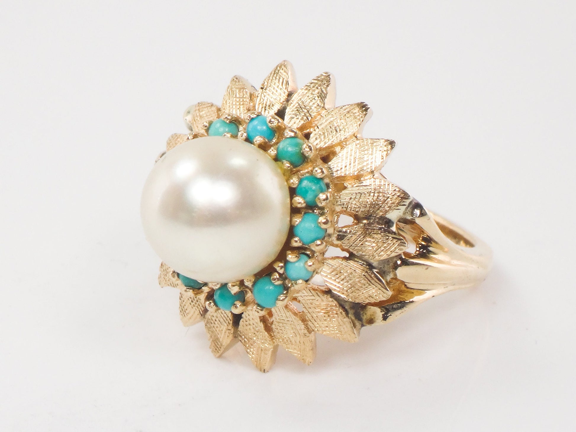 Vintage 14k Yellow Gold Pearl Turquoise Ring: Floral Design