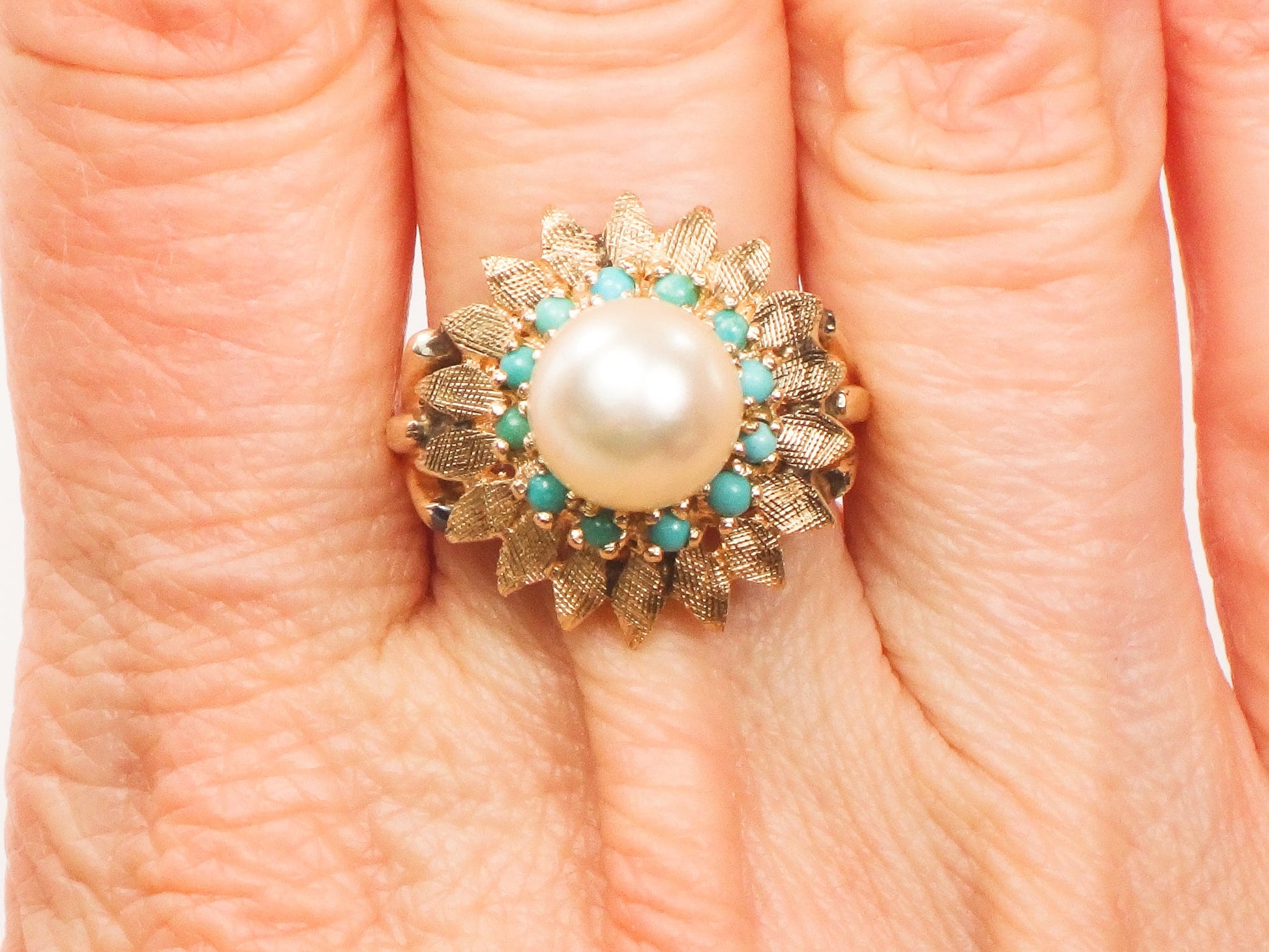 Vintage 14k Yellow Gold Pearl Turquoise Ring: Floral Design