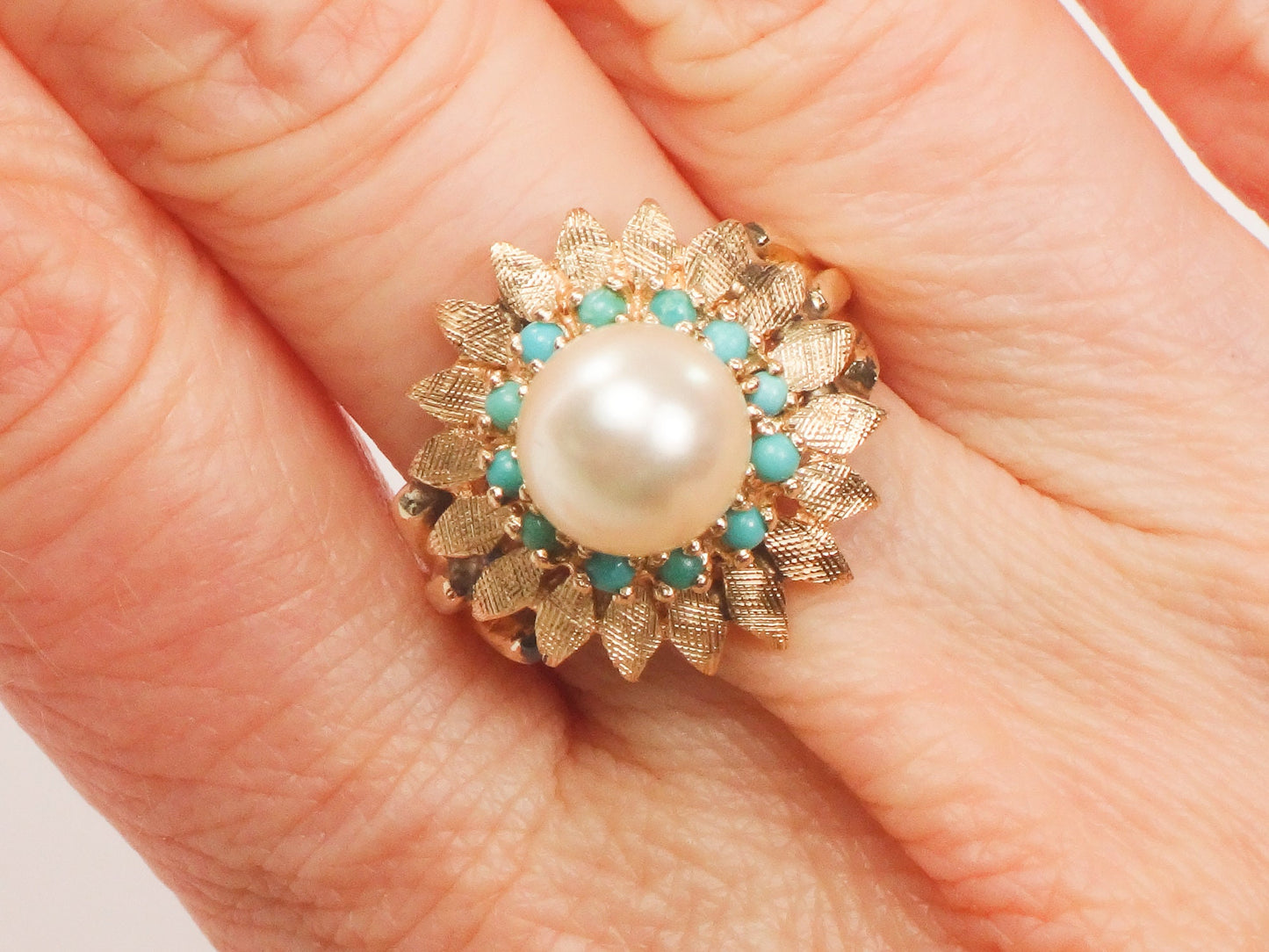 Vintage 14k Yellow Gold Pearl Turquoise Ring: Floral Design
