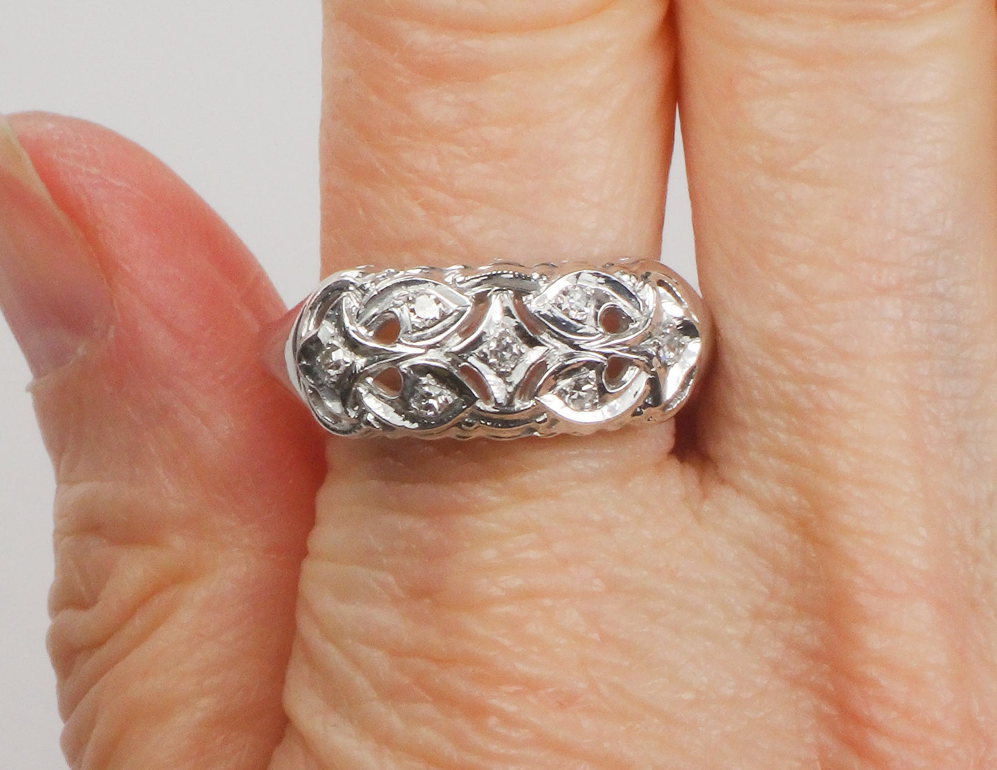 Vintage 14k White Gold Natural Diamond Ring Wide Pierced Wedding Band Size 11