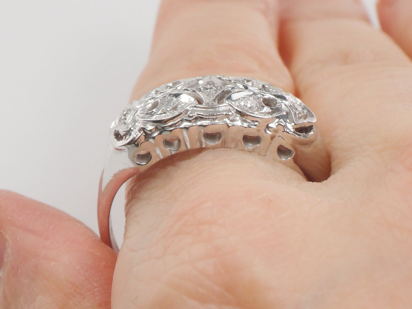 Vintage 14k White Gold Natural Diamond Ring Wide Pierced Wedding Band Size 11
