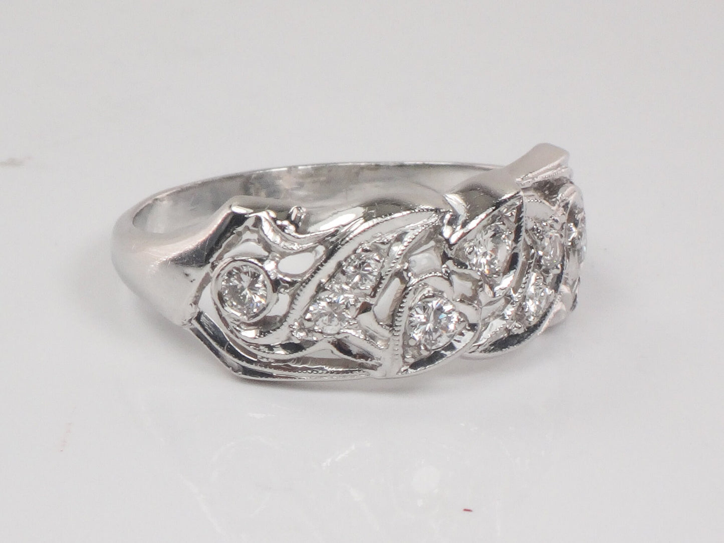 Vintage Platinum Natural Diamond Ring Retro Wide Wedding Band with Heart Design Size 10.5