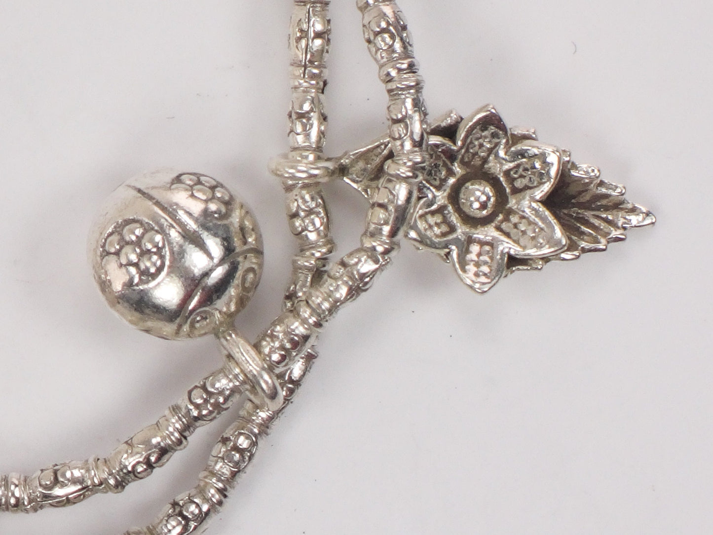 Sterling Silver Ladybug and Flower Charm Bracelet Flexible 7"