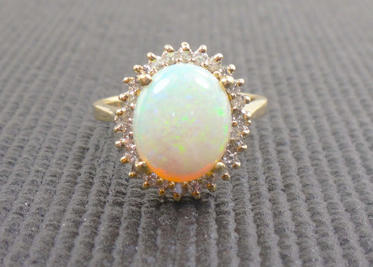 Vintage Australian Opal Ring: 14k Yellow Gold Diamond Halo, October Birthstone