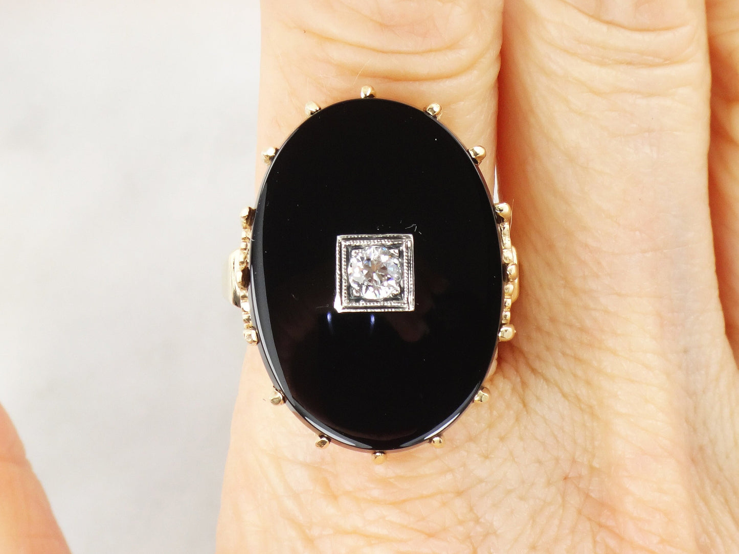Vintage Art Deco 14k Gold Onyx Diamond Ring: .20 CT European Cut, Size 8.75