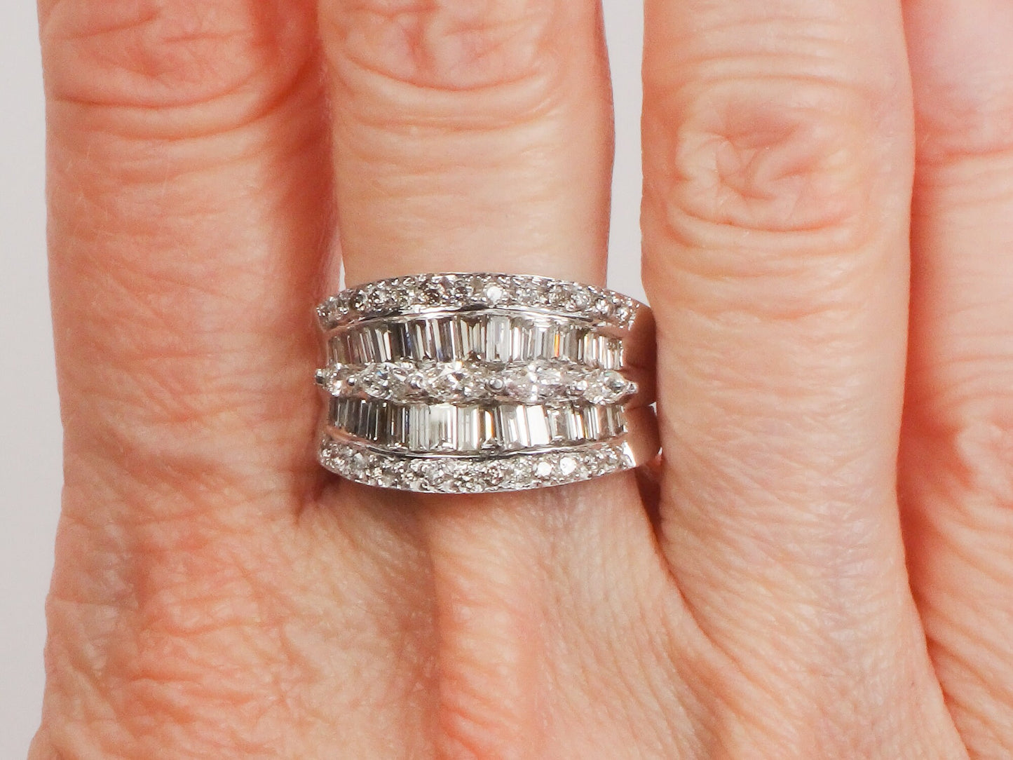 Vintage 14k White Gold Wide Natural Diamond Band with Marquise Baguette and Round Cuts Anniversary Ring 2 Carat TDW Size 6.75
