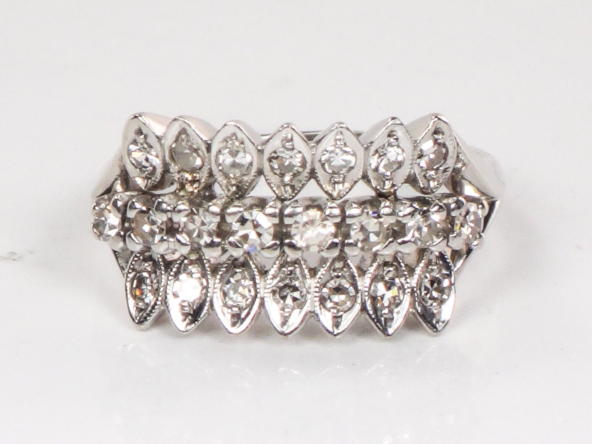 Vintage 14k White Gold Diamond Wedding Band Ring (Three Row Design, Size 7)
