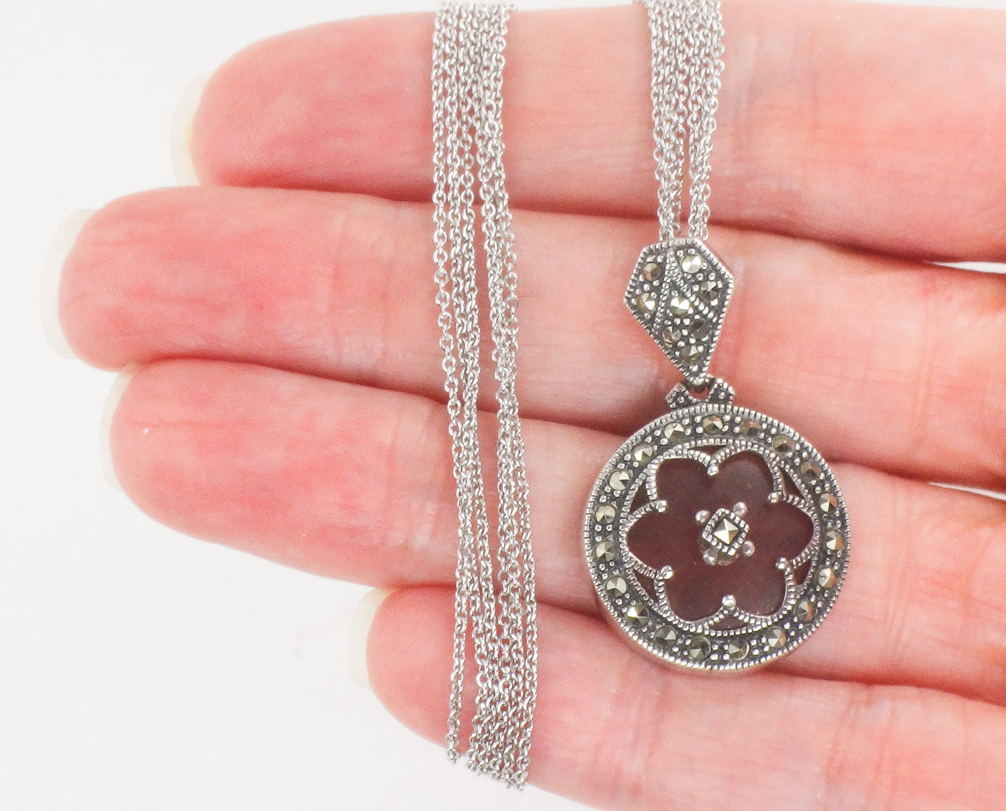 Vintage Judith Jack Sterling Silver Camphor Glass Marcasite Pendant Necklace