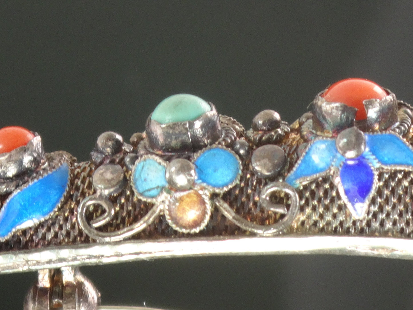 Vintage Silver Finger Nail Cover Pin: Turquoise, Coral, Enamel Floral Design