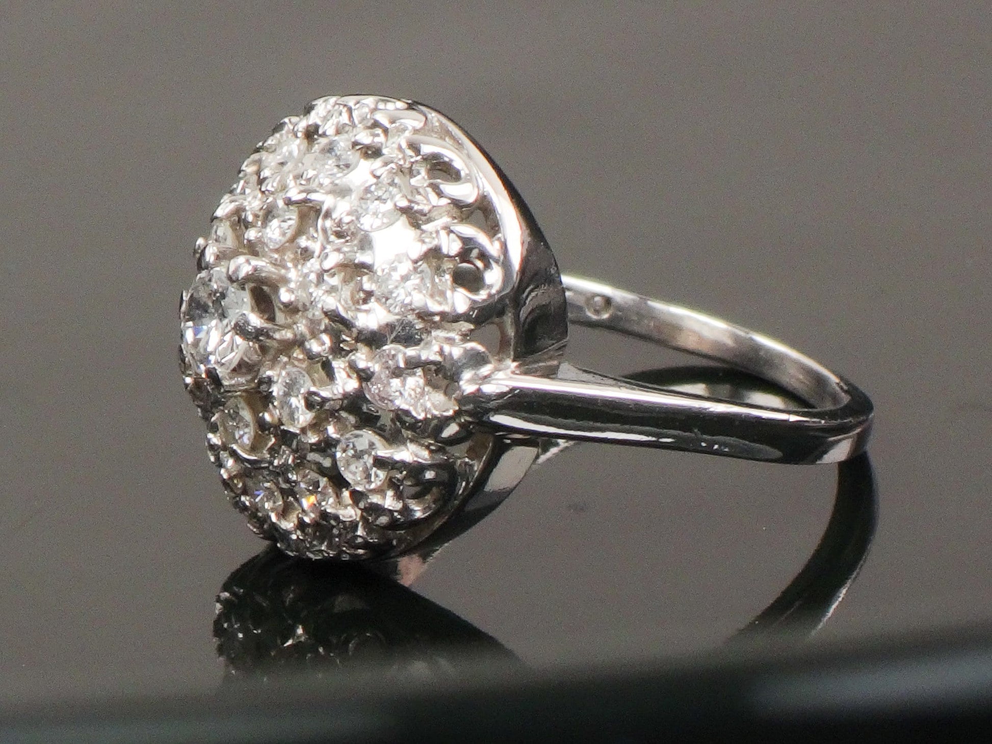 Vintage Diamond Cluster Ring: 14k White Gold Dome Halo, .75 CTS TDW, Size 6.5