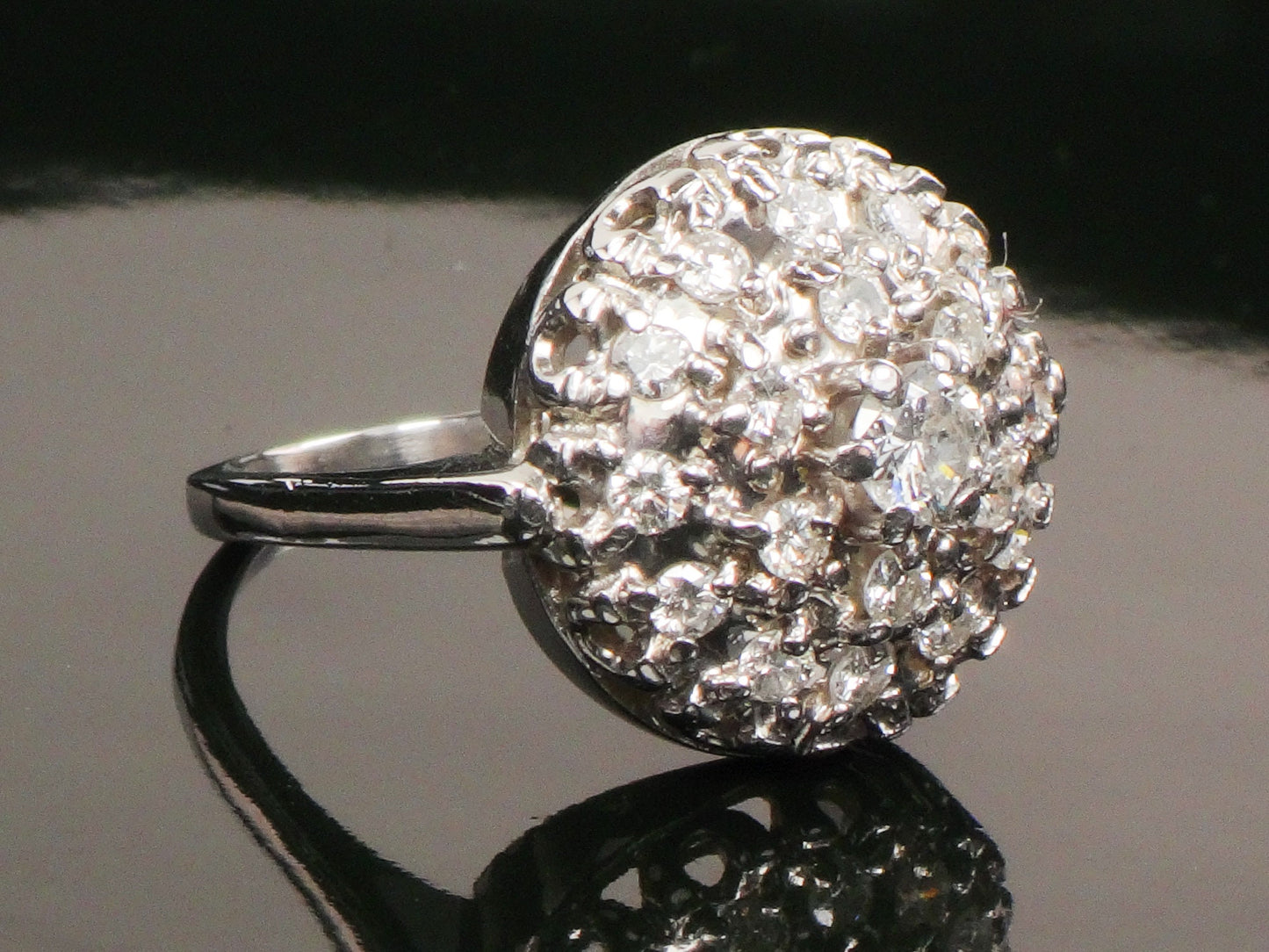 Vintage Diamond Cluster Ring: 14k White Gold Dome Halo, .75 CTS TDW, Size 6.5