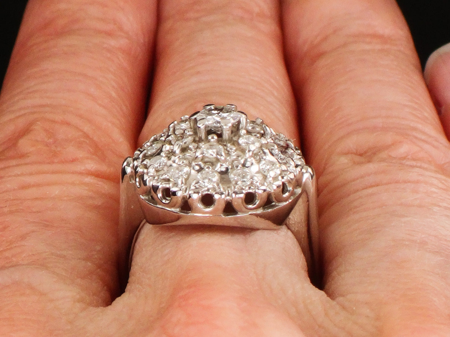 Vintage Diamond Cluster Ring: 14k White Gold Dome Halo, .75 CTS TDW, Size 6.5