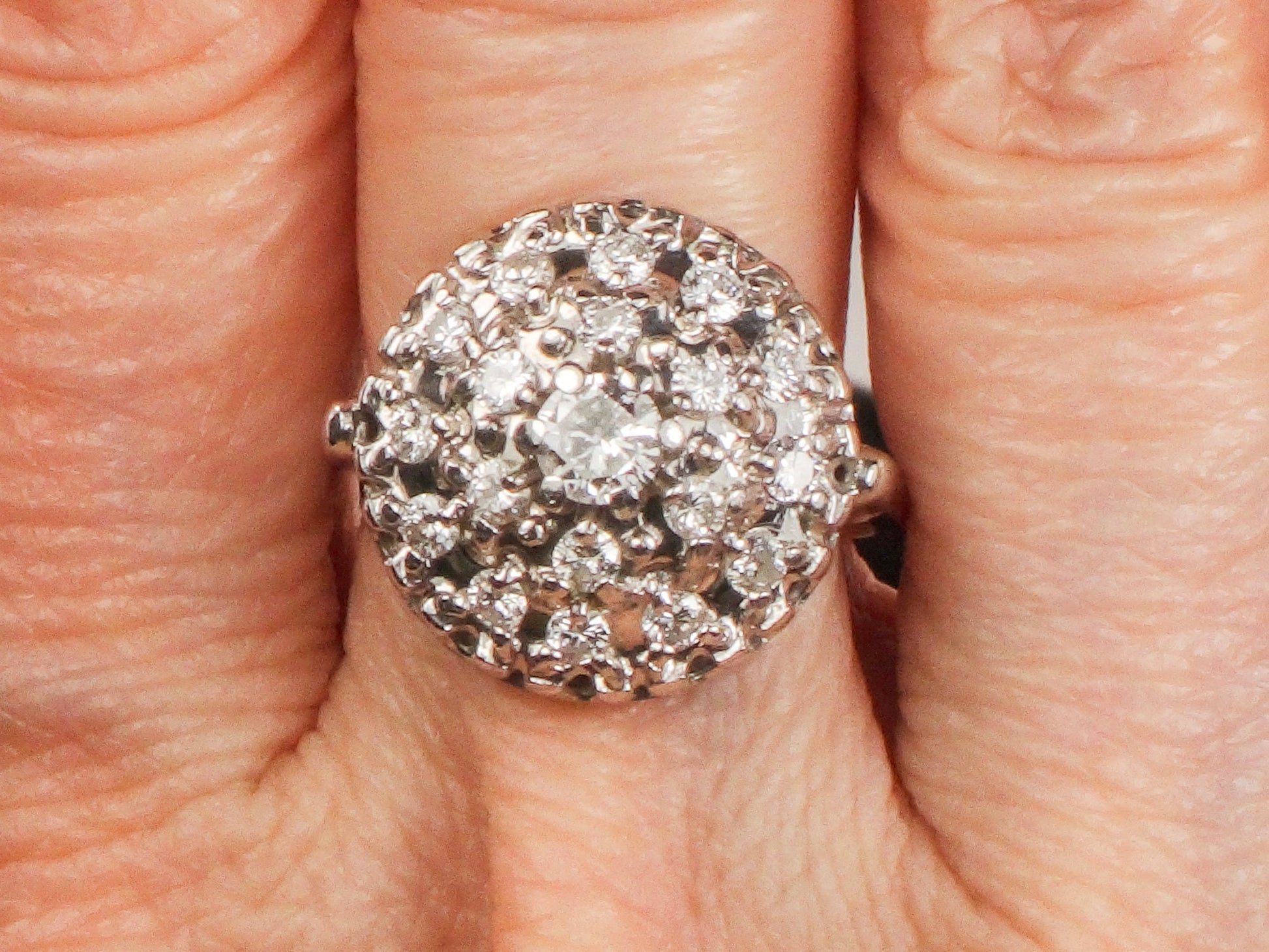 Vintage Diamond Cluster Ring: 14k White Gold Dome Halo, .75 CTS TDW, Size 6.5