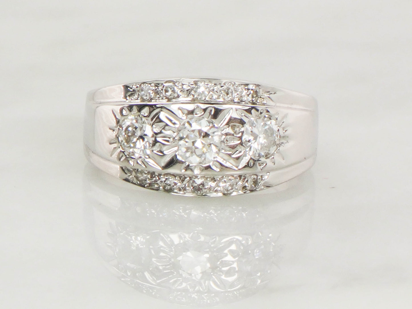 Vintage 14k White Gold Diamond Sunburst Band Ring - Over 1 Carat, Size 11
