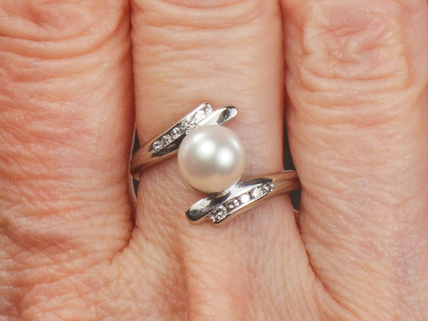 Vintage F & F Felger 14k White Gold Pearl Diamond Ring - Size 5.25