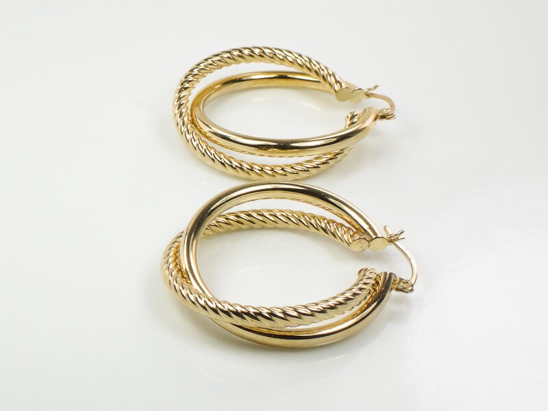 Vintage 14k Yellow Gold Twist Hoop Earrings: Large Double Hoops