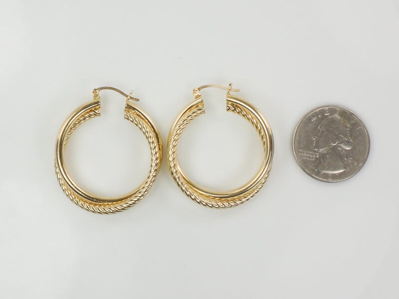 Vintage 14k Yellow Gold Twist Hoop Earrings: Large Double Hoops