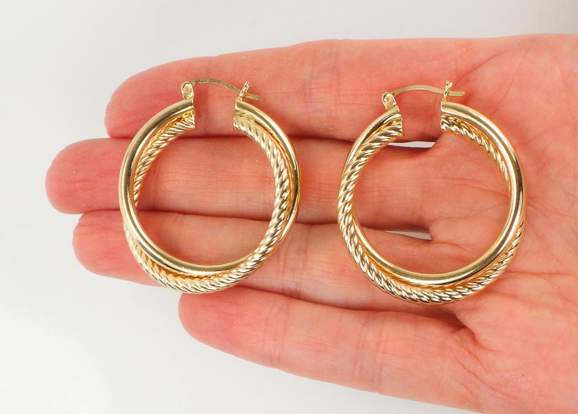 Vintage 14k Yellow Gold Twist Hoop Earrings: Large Double Hoops