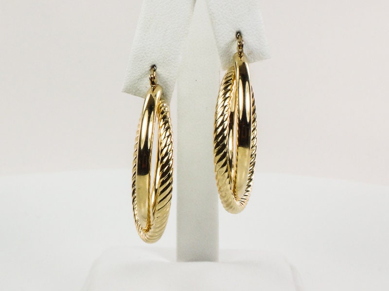 Vintage 14k Yellow Gold Twist Hoop Earrings: Large Double Hoops