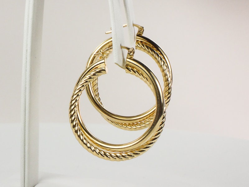 Vintage 14k Yellow Gold Twist Hoop Earrings: Large Double Hoops