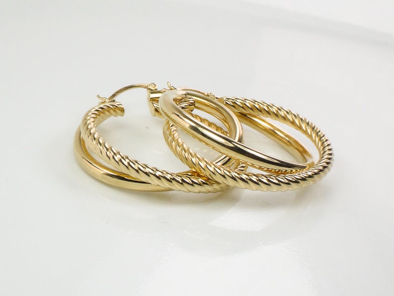 Vintage 14k Yellow Gold Twist Hoop Earrings: Large Double Hoops