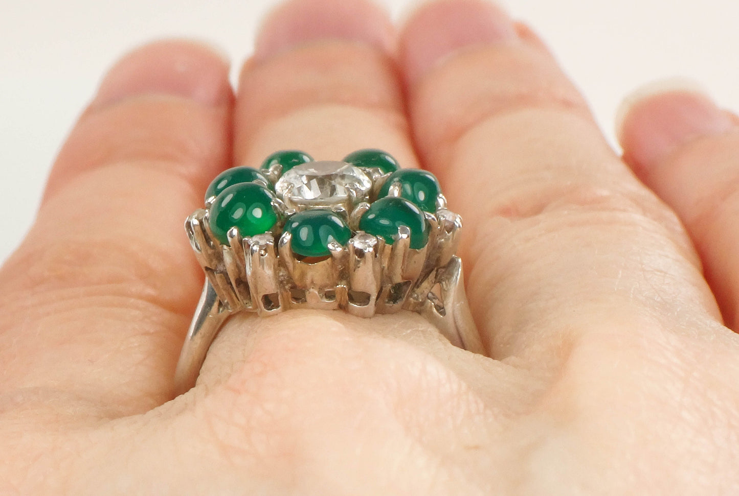 Vintage Sterling Silver Green Glass Ring: White Sapphire Center, Size 6.75