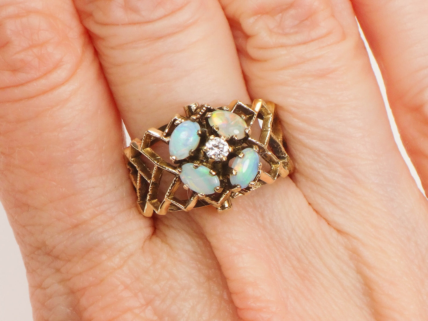 Vintage 14k Yellow Gold Opal Diamond Flower Ring - October Birthstone, Size 7