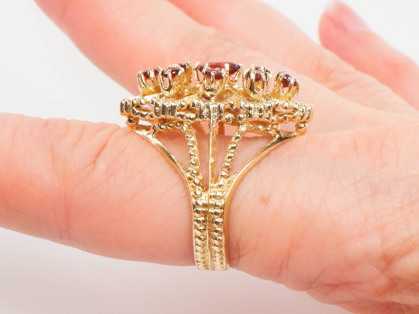 Vintage 14k Yellow Gold Large Garnet Cluster Ring - January Red Birthstone Ring - Size 7.25