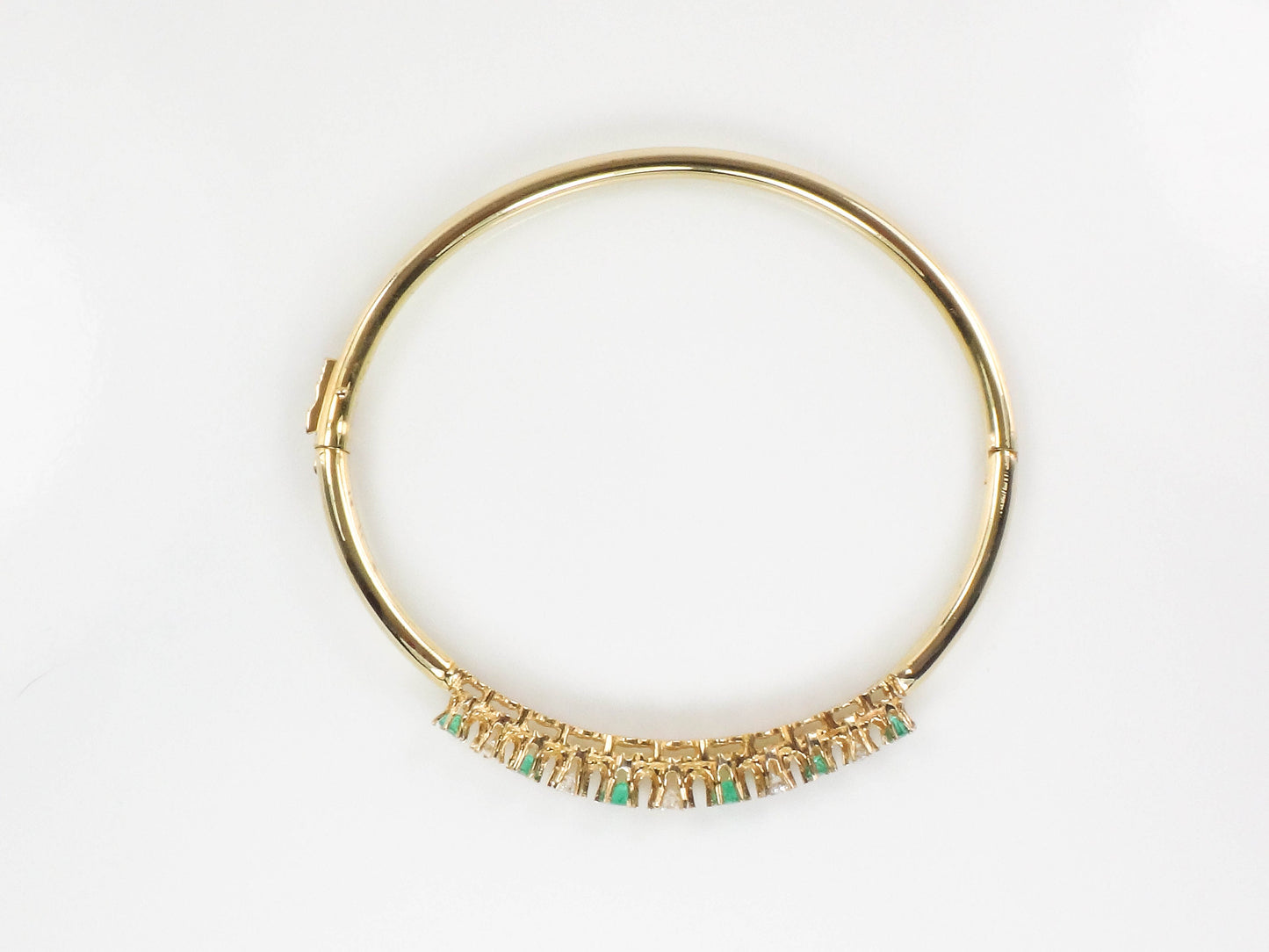 Vintage 14k Yellow Gold Emerald Diamond Bangle Bracelet - 6.75"