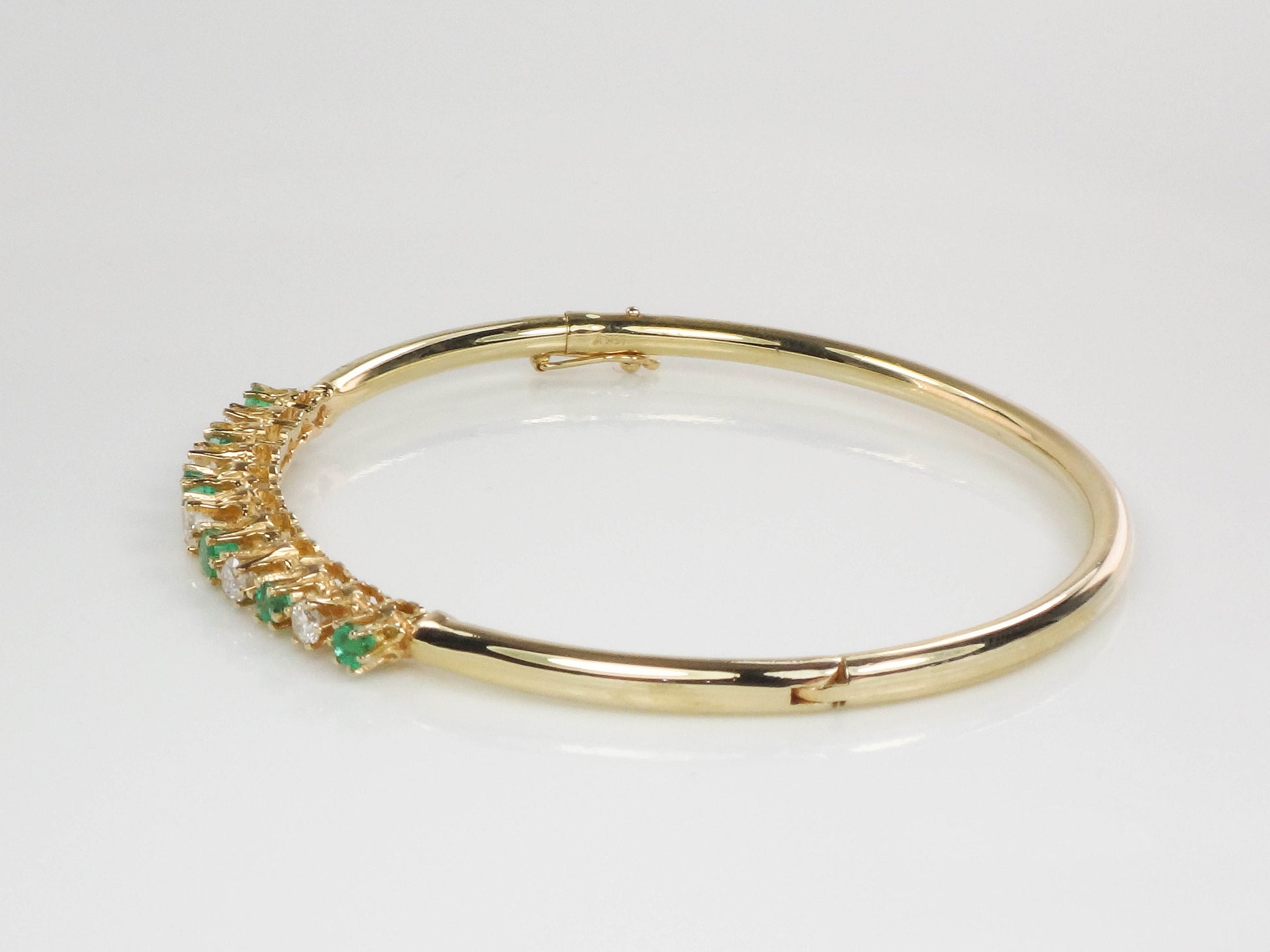 Vintage 14k Yellow Gold Emerald Diamond Bangle Bracelet - 6.75"