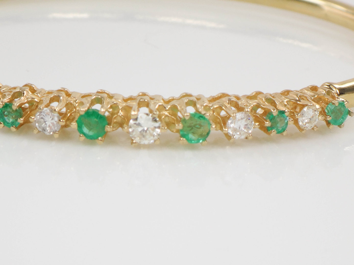Vintage 14k Yellow Gold Emerald Diamond Bangle Bracelet - 6.75"