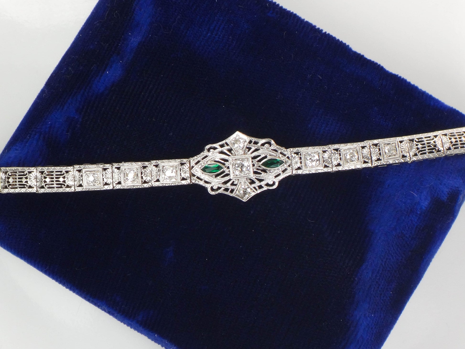 Vintage Art Deco 14k White Gold Diamond Filigree Bracelet with Emerald Glass (6.5")