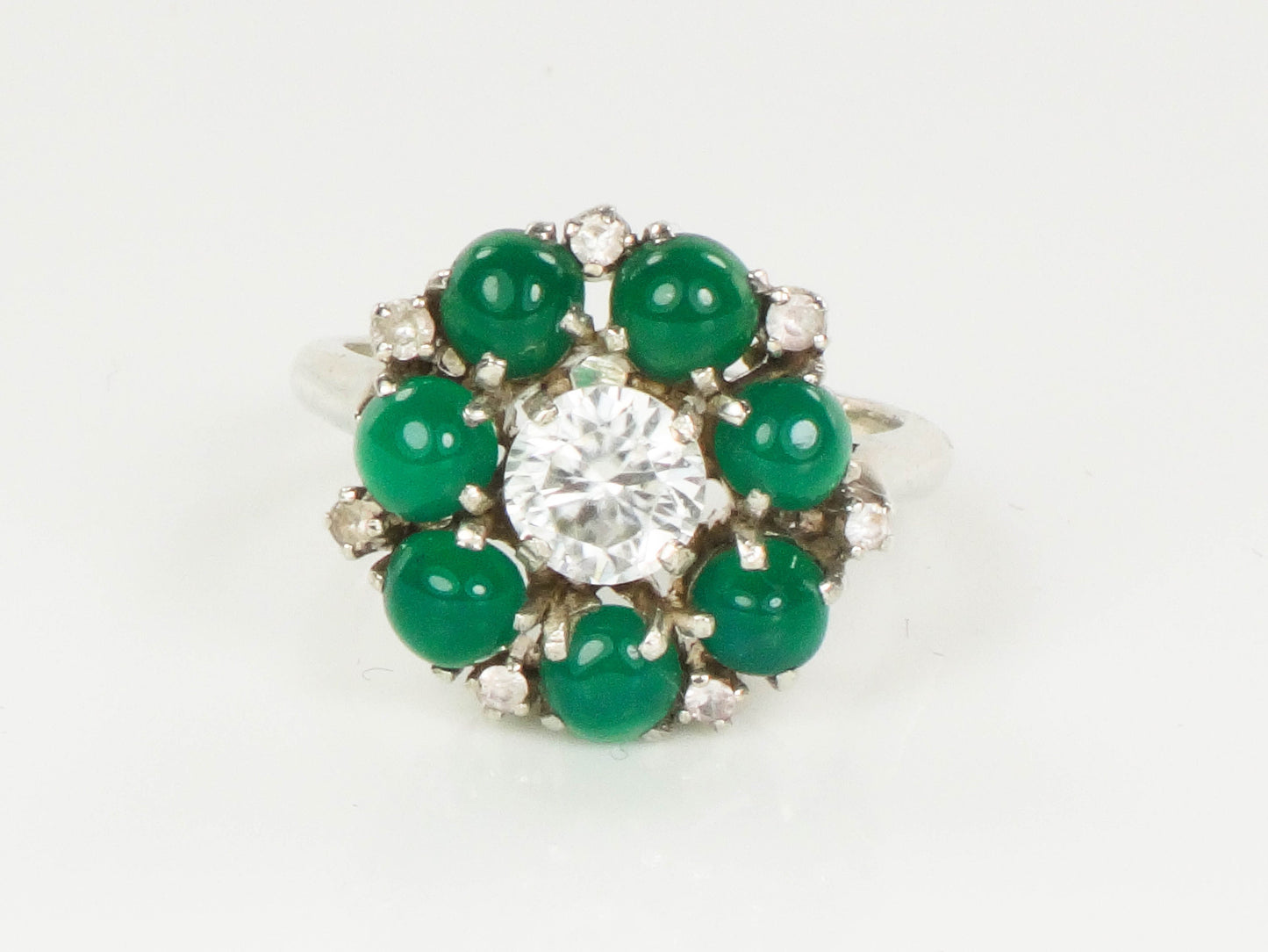 Vintage Sterling Silver Green Glass Ring: White Sapphire Center, Size 6.75