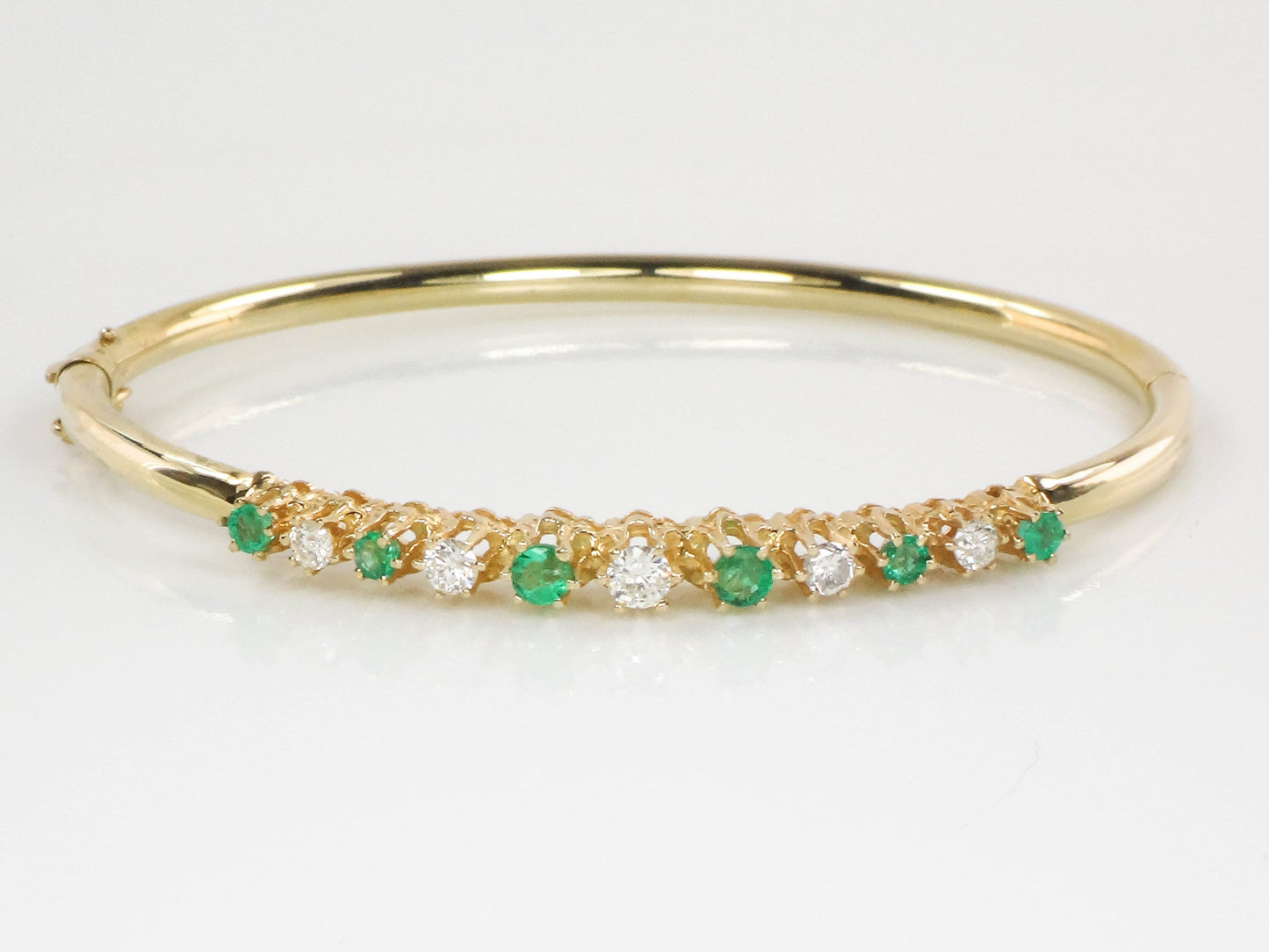 Vintage 14k Yellow Gold Emerald Diamond Bangle Bracelet - 6.75"