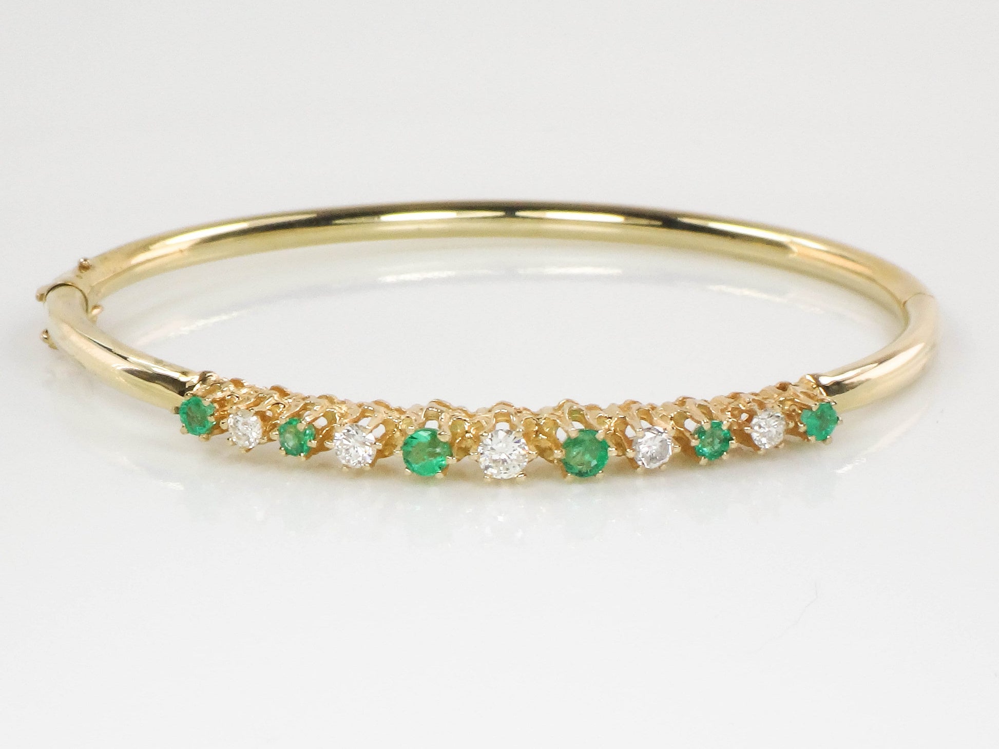 Vintage 14k Yellow Gold Emerald Diamond Bangle Bracelet - 6.75"