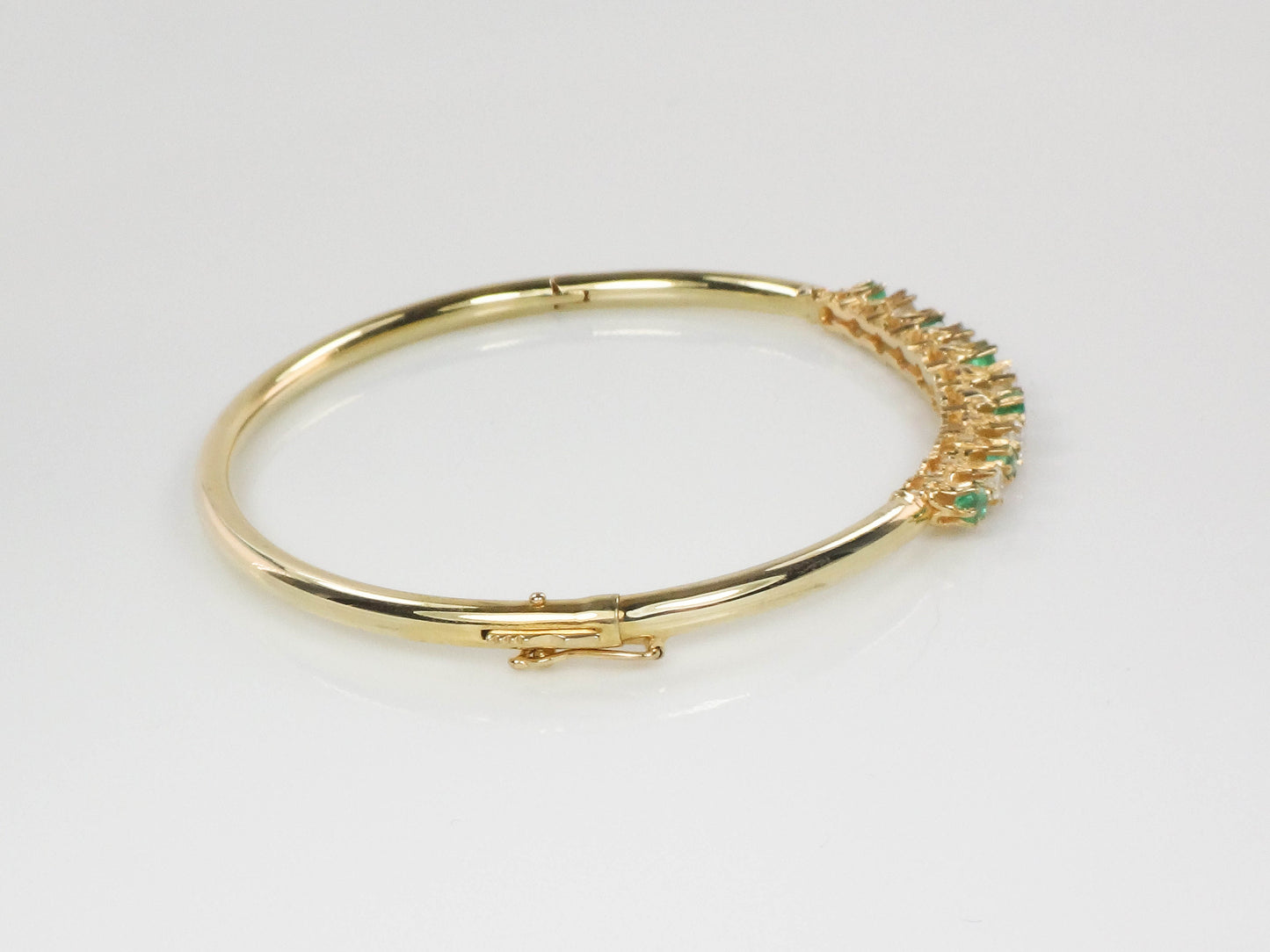 Vintage 14k Yellow Gold Emerald Diamond Bangle Bracelet - 6.75"