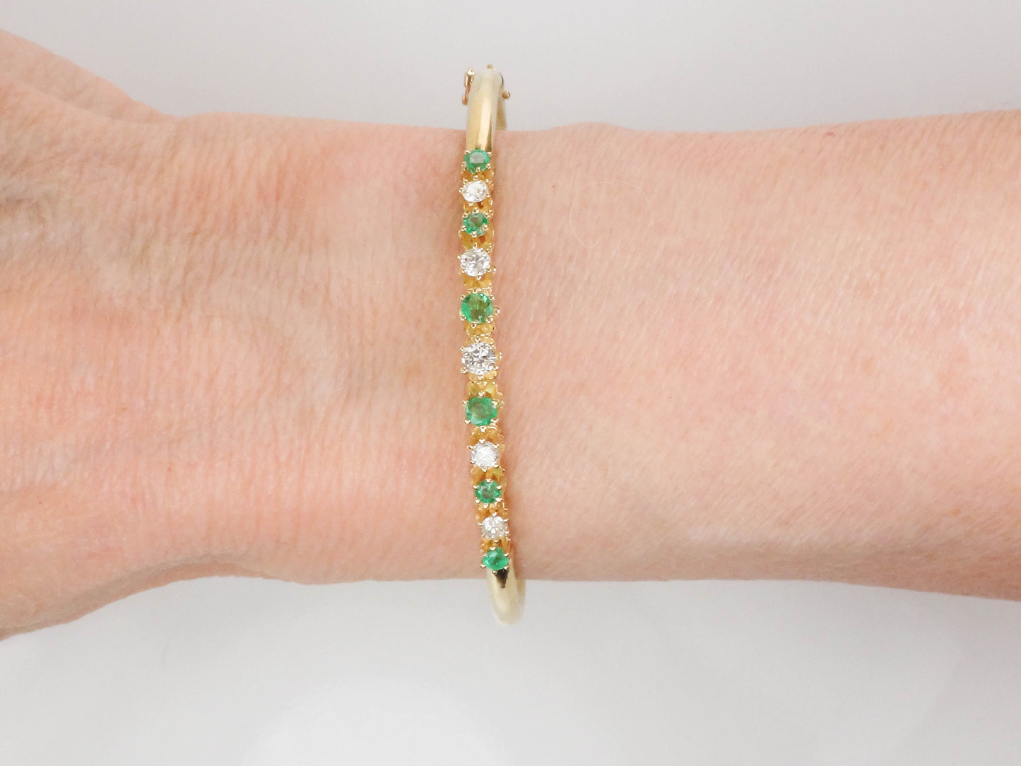 Vintage 14k Yellow Gold Emerald Diamond Bangle Bracelet - 6.75"