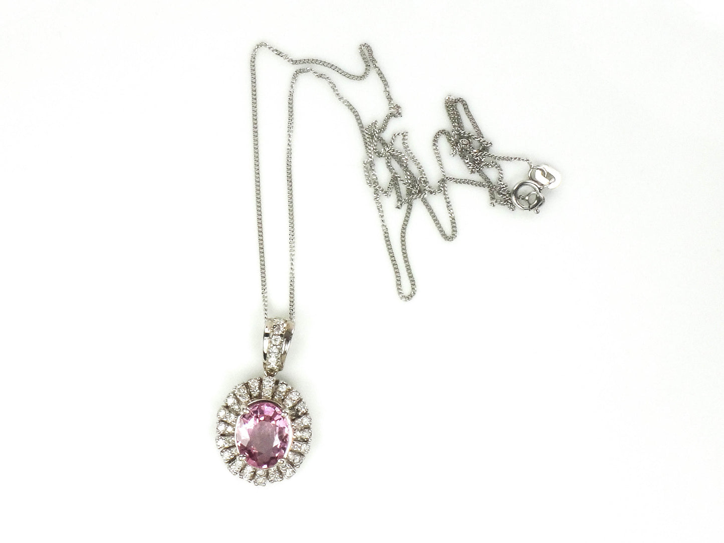 Vintage 14k White Gold Diamond and Pink Tourmaline Pendant Necklace 18"
