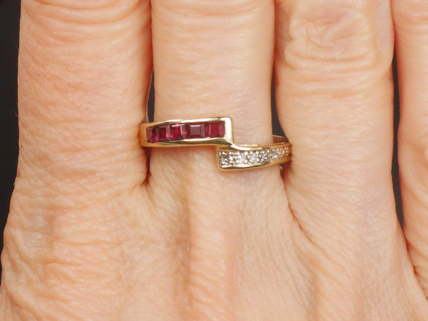 Vintage 14k Yellow Gold Ruby and Diamond Ring Crossover Style Ring Size 7.75