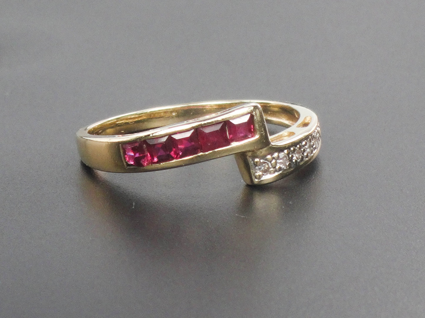 Vintage 14k Yellow Gold Ruby and Diamond Ring Crossover Style Ring Size 7.75